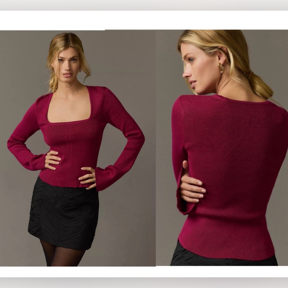 Maeve Anthropologie Square Neck Bell Sleeve Metallic Knit Blouse Rasberry M NWOT